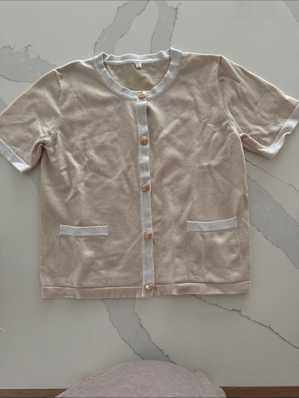 Vintage Short-Sleeve Cardigan - Cream with White Trim